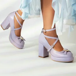 Dress Shoes Lovely Lolita Purple Pink White Girls Small Size 33 Cosplay Pumps Cross-strap Platform Chunky High Heels Mary Janes Women