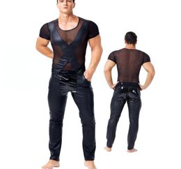 Bras Sets Sexy Male Underwear See Through Mesh Wetlook Tops Fetish Men Sex Costumes PVC Leather ed Decoration Short Sleeve T-Shirts5285882