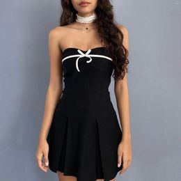 Casual Dresses Y2k Strapless Dress 2000s Women Bow Front Off Shoulder Sleeveless A Line Pleated Mini Sexy Party Clubwear