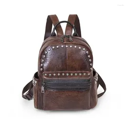 School Bags Genuine Leather Women Backpack Rivets Rucksack Travel Satchel Book Bag Embossed Vintage Female Daypack Knapsack