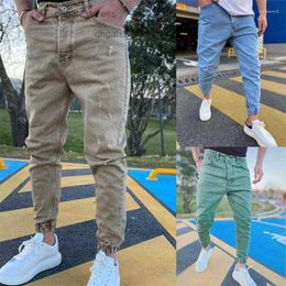 Mens Jeans Autumn Slim Fit Pure Colour Casual Elastic Waist Beam Foot Trousers Streetwear Jogger Denim Pants Male