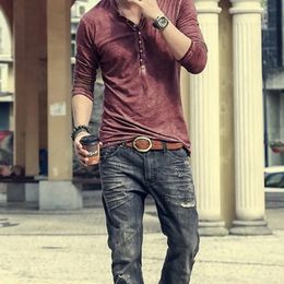 Autumn Casual Vintage Long Sleeve V-Neck T-Shirt MenS V-Neck Wash Long Sleeve Camisa Henley Shirt Top Blouse Henley Shirt 240314