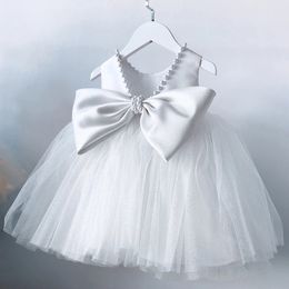 Summer Toddler Baby Girls 1st Birthday Baptism Party Dresses Backless Bow Cute Baby White Dress Beading Wedding Prom Vestidos 240307