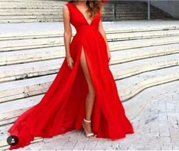 Formal Side Split Red Evening Gowns Deep V Neck Sweep Train Long Skirt Cheap Prom Dresses Modern yousef aljasmi Special Occasion D2743814