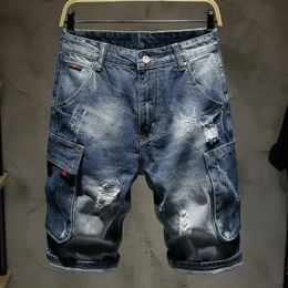 Summer Korean Luxury Washed Solid Ripped Shorts High Quality Short Pants Fashion Casual Distressed Blue Designer Jeans Men 240313