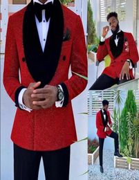 New Glitter Red Sequins Mens Tuxedos Groom Wear Wedding Blazer Suits Formal Business Prom Pants Coat Jacket 3 Pieces6919230