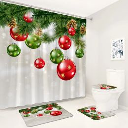 Curtains Christmas Shower Curtain Set Green Pine Branch Xmas Ball Snowflake New Year Home Bathroom Decor NonSlip Rug Bath Mat Toilet Lid