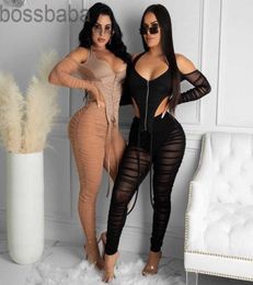 Stacked Mesh Two Piece pants Set Women Dress Streetwear Off Shoulder Zipper Tops High Waist Pants Skinny Slim Sexy Clubwear Outfit2180730