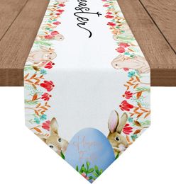 Table Cloth Easter Eggs Spring Summer Colourful Flowers Linen Runner Dresser Scarf Holiday Party Dining Decorations