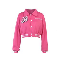 Womens Baseball Jacket Letter Embroidered Long Sleeve Lapel Design Snap Closure Casual 240313