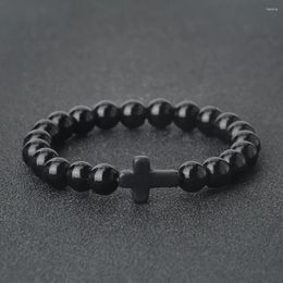 Strand Black Elastic Bracelets Beaded Bangle Lava Matte Prayer Cross Natural Stone For Women Men Fashion Stylish Jewelry Gift Wholesale