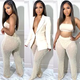 Casaul Two Piece Set Office Lady Bubble Bead Sheer Mesh Jacket Coat Long Pants Tracksuit Clothes For Women Outfit 240305