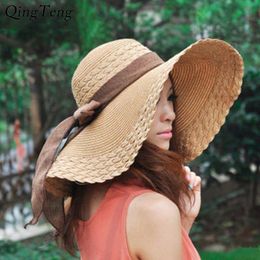 2020 New Wide Brim Summer Hats For Women Vacation Leisure Beach Hat Ribbon Bow Sun Visor Straw Hat Panama Woman's Sun Caps T2294f