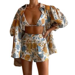 Floral Delight Women's Long Sleeve Floral Shirt Sleeveless Vest and Shorts Set Sunflower Colour Chic and Elegant Casual Wear