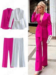ZBZA Womens Fashion Solid Colour With Belt Blazer Lapel Long Sleeve Jacket Two Piece Office Ladies White Trouser Suit 240305
