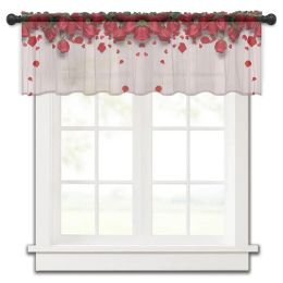 Curtains Valentine'S Day Red Rose Flower Kitchen Small Curtain Tulle Sheer Short Curtain Bedroom Living Room Home Decor Voile Drapes