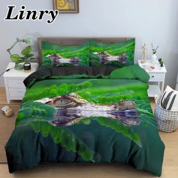 Set 3D Crocodile Printed Bedding Set Animal Quilt Cover Duvet Cover Set Green Bed Linen Single Twin Queen King Size Luxury Bedding Sheer Curtains