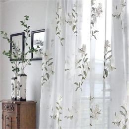 Curtains White Floral lily Embroidered Green Leaves Sheer Curtains for Bedroom Drapes Elegant Tulle Drapes Curtains for Living Room