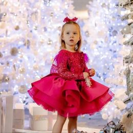Girl Dresses Fuschia Ball Gown Flower Luxury Sequins Feathers Kids Birthday Gowns Puffy Tiered Little Pography