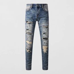 High Street Fashion Men Jeans Retro Washed Blue Stretch Skinny Fit Ripped Jeans Men Beading Patched Designer Hip Hop Brand Pants 240311