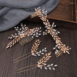 Hair Clips Vintage Gold Colour Tiaras Combs With Hairpins Sets Crystal Leaf Rhinestone Pearl Headpiece Wedding Bridal Accessories