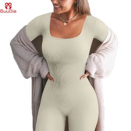 GUUDIA Padded Cup Jumpsuits Thumb Hole Ribbed Women Shapewear Long Sleeve Square Neck Sexy Bodycon Rompers Outfits 240220