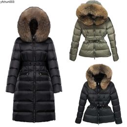Womens Hooded Down Jacket Winter Outdoor Warmth Long Jackets Coats Real Raccoon Hair Collar Warm Fashion Parkas with Belt Lady Cotton Coat Outerwear Big Pocket m Ap2s