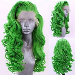 Charisma Long Deep Wave Hair Synthetic Lace Front Wig High Temperature Fibre Pink Wigs for Women Free Part Green 240229