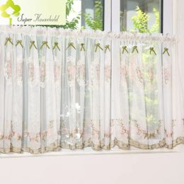 Curtains White Floral Sheer Short Curtains for Kitchen Cafe Bookshelf Embroidery Tulle Valance Farmhouse Sliding Door Window Drapes