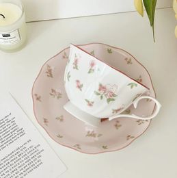 French Pink Rabbit Print Vintage Coffee Cup and Saucer Set Ceramic Cup Cute Girls Afternoon Tea Dim Saucer 240304