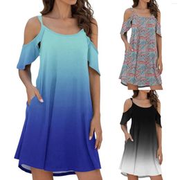 Casual Dresses Women Summer Spaghetti Strap Sundress Dress Cold Shoulder Sexy Ruffle Sleeves With Pocket