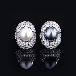 Pearl Ring Set with Diamonds Copper Plated in White Gold New Set Shell of Pearls High-end Temperament Women's Ring 14mm