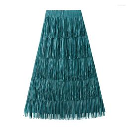 Skirts SURMIITRO Women Long Tassel Skirt 2024 Summer Korean Fashion High Street A Line Waist Pleated Maxi Female Ladies Pink