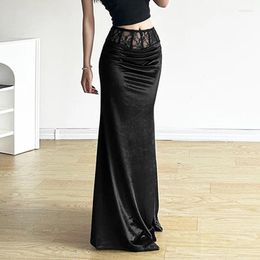 Skirts Goth Dark Elegant Mall Gothic Velvet Trumpet Y2k Partywear Lace Patchwork Sexy Long Skirt Ladies Evening Black Slim Cloth