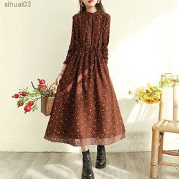 Basic Casual Dresses Cotton Linen Print Dress for Women Japanese Mori Girl Art New Floral Dress Loose Long Sleeve Female Vintage Midi DressL2403