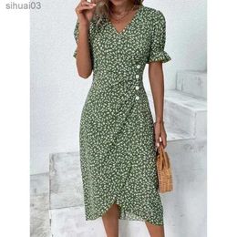 Basic Casual Dresses Elegant Floral Pleated H shaped Midi Dress Female V Neck Puff Sleeve Waist Ruched Button Dresses Women Summer Dress RobeL2403