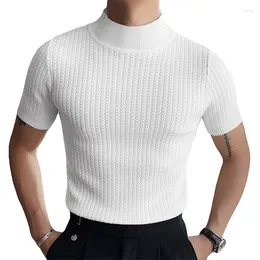 Men's T Shirts Men S Turtleneck Rib Knitted Basic Tops Solid Color Jacquard Short Sleeve Casual Slim Fit Pullover Sweater