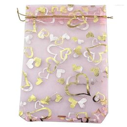 Jewellery Pouches 9X12cm Heart Printed Pink Organza Bags Drawstring Wedding Favours Candy