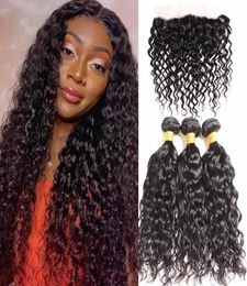 Malaysian Malasian Water Wave 3 Bundles with lace frontal Ocean wave hair extension bouncy curly weave bundles wet and wavy human 2394508