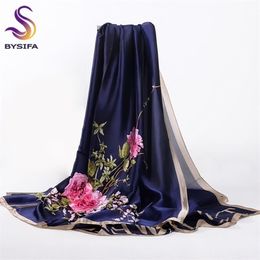 BYSIFA Navy Blue Chinese Roses Women Scarves Fall Winter Utrlong Top Grade Brand Trendy Silk Letters Long Scarf Shawl Wrap 22010293J