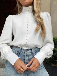 Women's Blouses VONDA Fashion Blouse Summer Women Long Sleeve Shirts 2024 Stand Collar Buttons Solid Colour Elegant Blusas Casual Loose Tunic