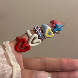 Cluster Rings Colorful Enamel Heart Sweet Ring Trendy Geometric Dripping Oil For Women Girls Funny Y2K Chunky Jewelry Summer