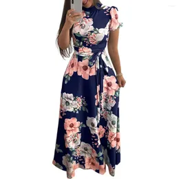 Casual Dresses Dress Floral Print Maxi With Mock Collar Belted Waist Women's A-line Swing For Summer Spring Ankle Length