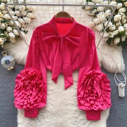 Women's Blouses Spring Senior Shirt Women Bow Collar Lantern Sleeves Fashion 3D Flower Design High Street Elegant Loose Solid Blouse