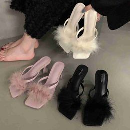 Dress Shoes Summer Fashion Purple Fluffy Furry Women Slippers Mules High Heels Slides Female Gladiator Sandals Party Banquet Shoes Q240314