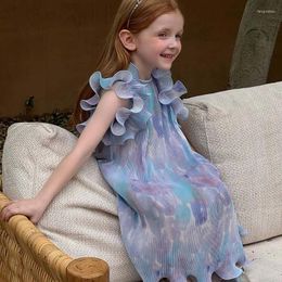 Girl Dresses Summer Children Blue Smudge Chiffon Dress Kid Girl's Spanish Style Sleeveless Suspender Birthday Party 9T