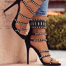 Dress Shoes New Womens Gladiator Sandals Sexy Open Toe Hot Diamond Pearl Bracelet Bag Backstrap Zipper Cover Thin High Heel Roman Shoes Q240314