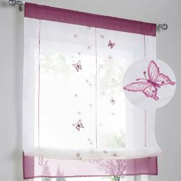 Curtains Butterfly Embroidered Short Curtain For Kitchen Romantic Roman Length Liftable Tie Cafe Hotel 1pcs Rod Pocket JS162C