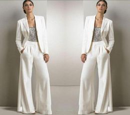 2022 New Bling Sequins Ivory White Pants Suits Mother Of The Bride Dresses Formal Chiffon Tuxedos Women Party Wear Fashion Modest2547379
