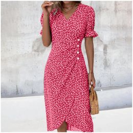 Casual Dresses 2024 Summer Floral Bodycon Midi Dress For Women V Neck Long Sleeve Ruched Slim Fit Female Sexy Vestido Robe